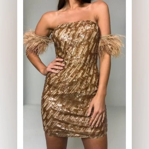 ⭐️Peace + love Nude feather sequins Bardot mini dress. - Picture 3 of 9